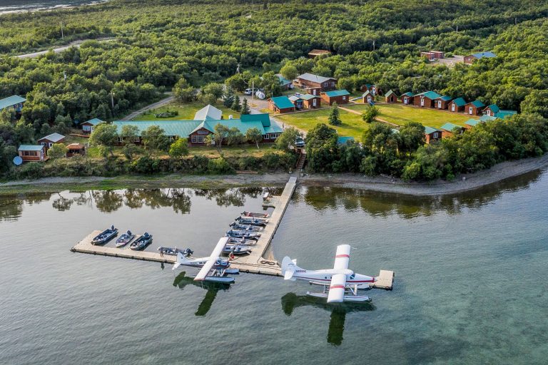 Arial shot of the cabins and dock